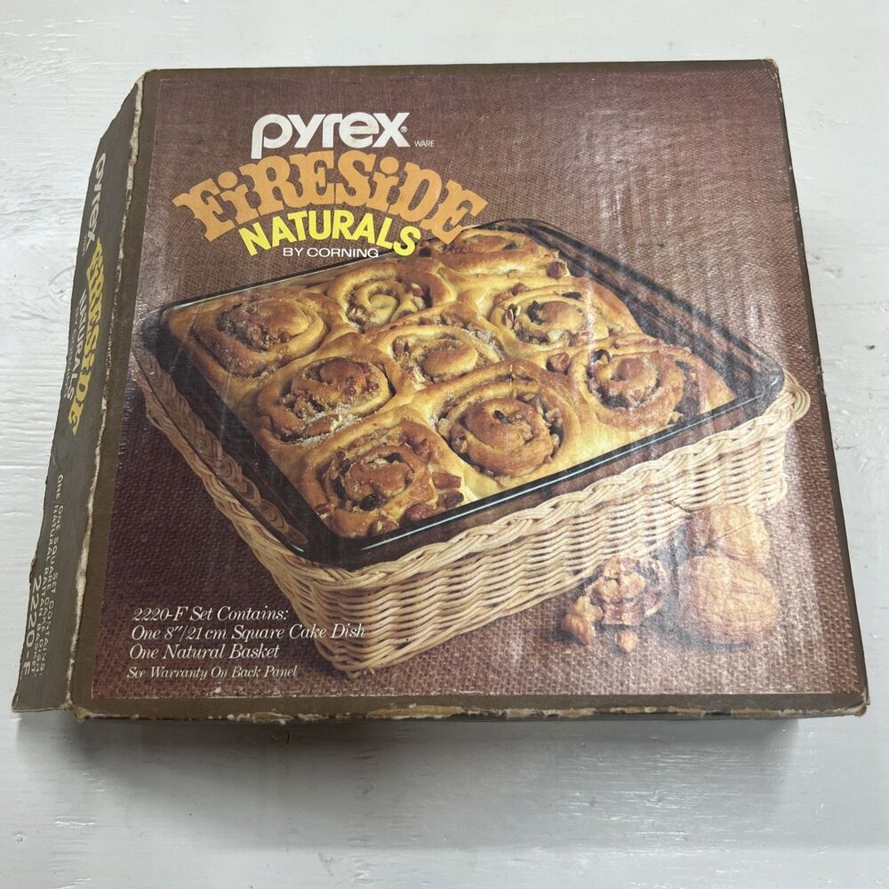 Vintage Pyrex Fireside Natural 2220-F Cake Dish & Basket New Open Box
